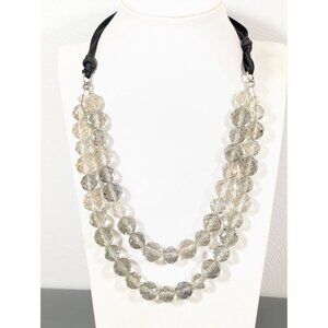 Gray Faceted Glass Bead Two Strand Black Ribbon Tie‎ Statement Necklace 48"